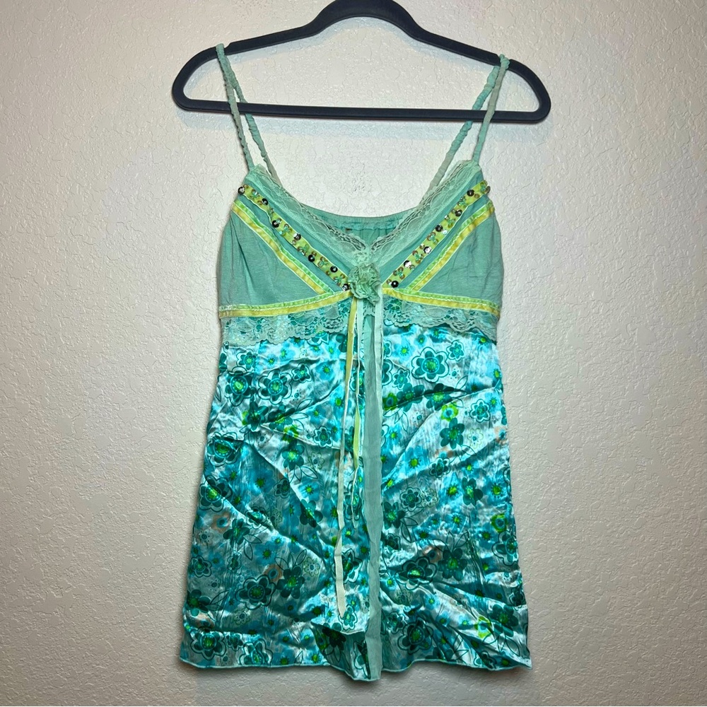 Y2K vintage silk babydoll floral lace sheer mesh velvet sequins  cami top fairy